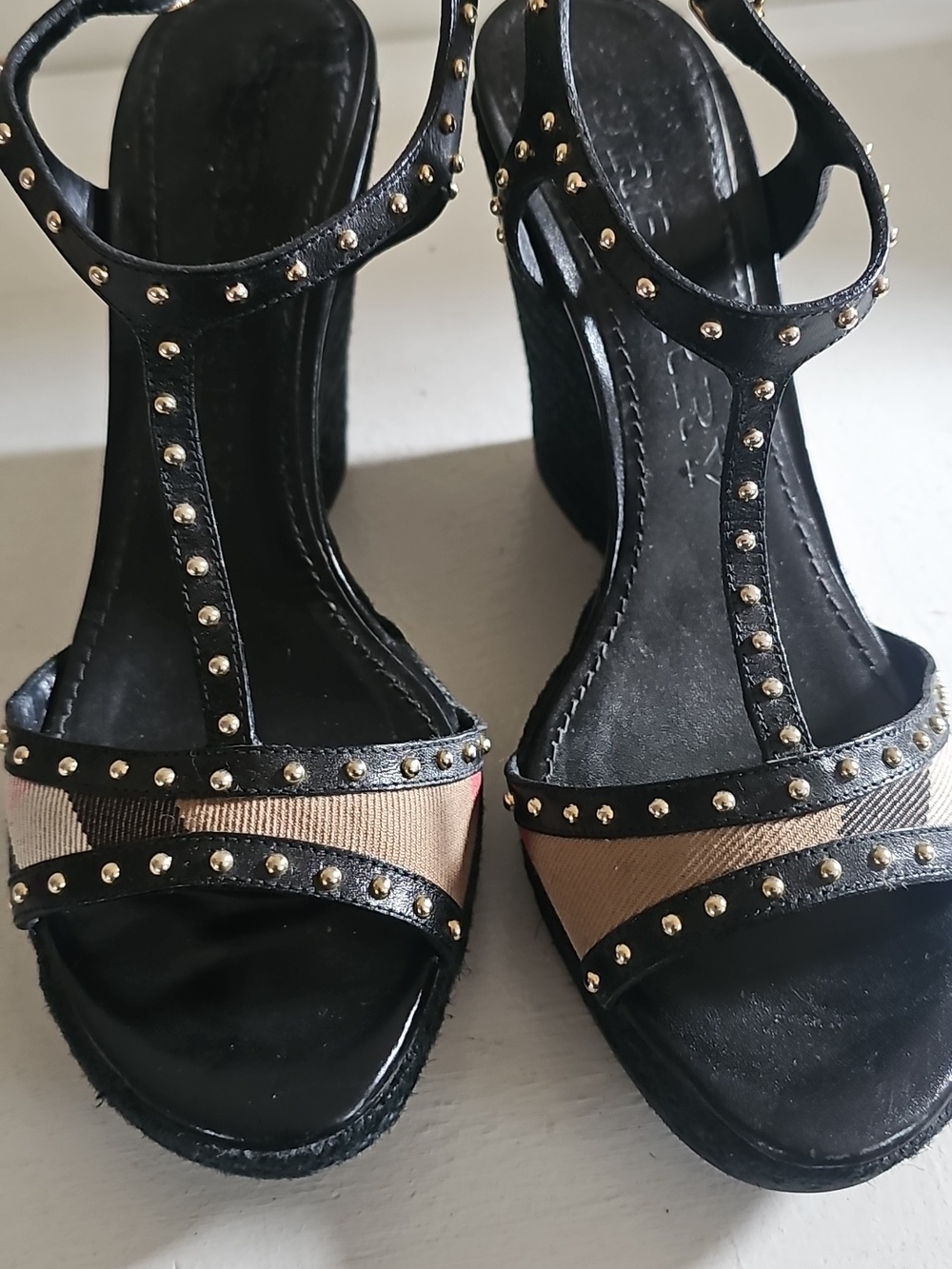 Burberry Beige/Black Check Leather and Canvas Espadrille Wedge Sandals Size 39.5 - Picture 2 of 10